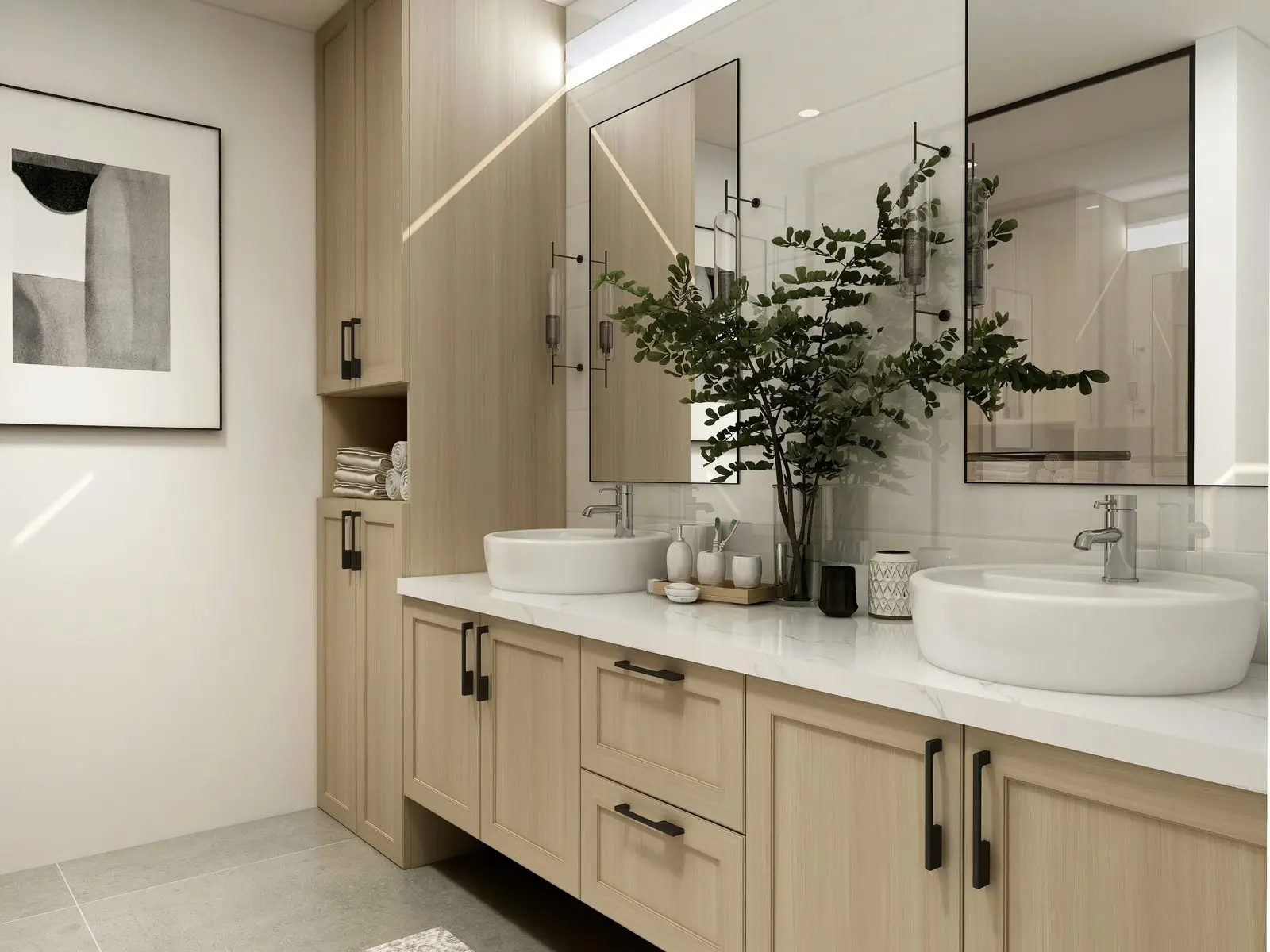 A bathroom vanity in oak cabinetry with twin vessel basins and framed mirrors